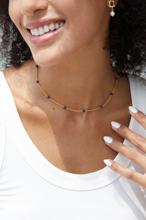 Blue Gemstone Beads Gold Chain Necklace - Perfect for Layered Wear